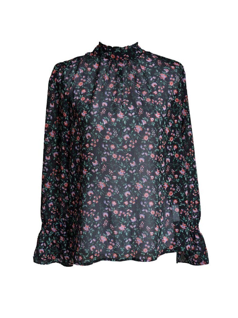 Sheer Ruffle Neck Black Top